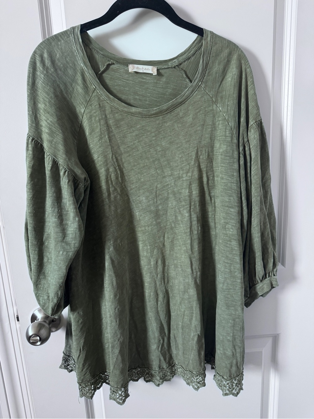 Altar'd State balloon sleeve top-Olive Green-Medium Peasant Top with Lace Hem